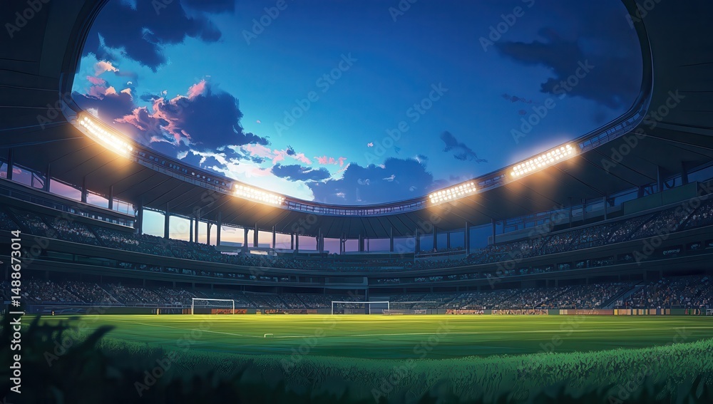 Poster a realistic illustration of an open stadium at night, with the lights on and illuminated by the soft