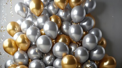 A celebratory pile of metallic silver and gold balloons with shimmering ribbons.