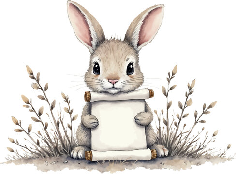 Bunny holding a wedding invitation scroll in gentle watercolor tones for elegant event themes