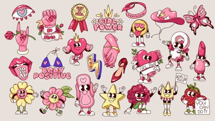 Groovy girl power, feminism cartoon characters and stickers set. Funny retro raised fist and flowers, quotes. Activism mascots, cartoon feminism typography badges of 70s 80s style vector illustration