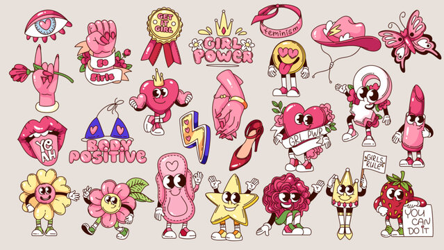 Naklejki Groovy girl power, feminism cartoon characters and stickers set. Funny retro raised fist and flowers, quotes. Activism mascots, cartoon feminism typography badges of 70s 80s style vector illustration