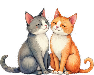 Heartwarming watercolor illustration of a cat couple sharing a tender moment, perfect for wedding or engagement themes