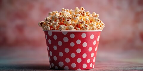 Freshly popped popcorn in a red polka dot cup on a vibrant background ready to be enjoyed during movie night
