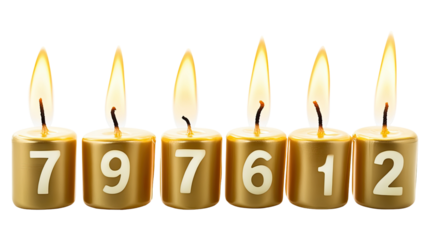 Six golden candles arranged in a row each bearing a different numerical digit with glowing flames against a transparent backdrop perfect for birthdays anniversaries celebrations.