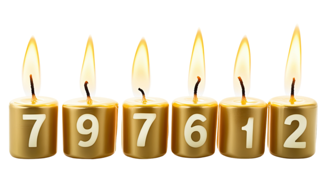 Six golden candles arranged in a row each bearing a different numerical digit with glowing flames against a transparent backdrop perfect for birthdays anniversaries celebrations.
