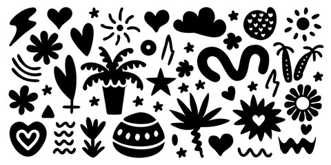 Fototapeta premium Black and white hand-drawn doodle set with summery elements.