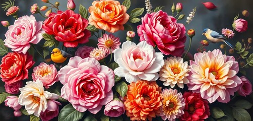 Fototapeta premium Vibrant oil painting of roses, peonies, chrysanthemums, and birds, stems, bird