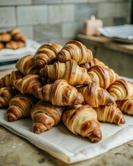 Baking fresh croissants stacked on parchment paper artisan bakery style cozy kitchen environment close-up view delicious pastry concept for seo impact