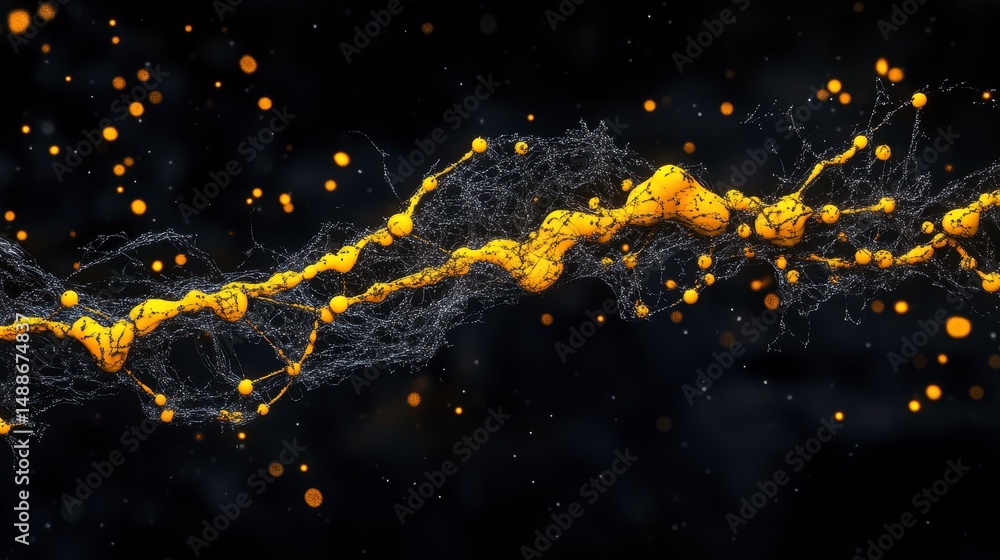 Poster abstract flowing golden liquid with dark background and connected dots.