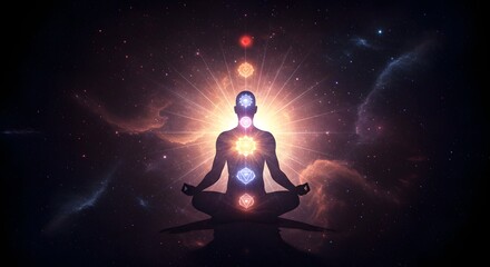 Silhouette of a Meditating Figure Illuminated by Chakra Energy in a Cosmic Background