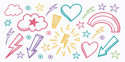 Colorful Hand-Drawn Doodle Shapes and Symbols on White Background