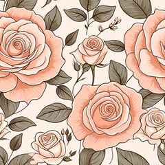 Delicate peach roses with lush green foliage pattern. Seamless pattern, one tile