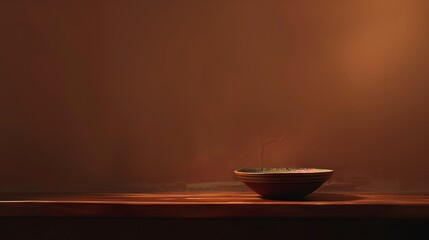 Simple bowl on wooden surface with dark brown background in diffused light.