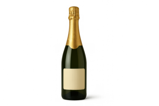 Green champagne bottle with blank label and golden top standing on transparent background, ready for customization
