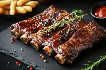 Delicious bbq pork ribs with french fries and sauce on black stone plate