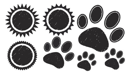 Set of distressed sun and paw print logos.