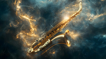 Obraz premium Elegant Saxophone Surrounded by Colorful Smoke and Light Effects