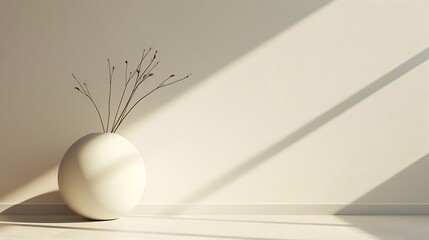 Minimalist interior with white vase and dried branches in sunlight.