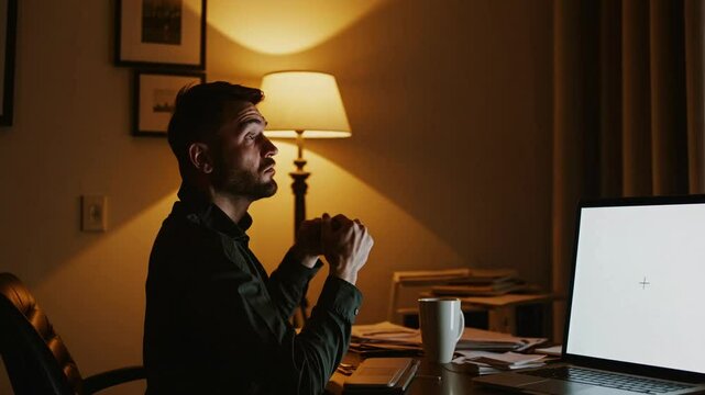Homme travaillant tard le soir devant un ordinateur, sc&egrave;ne de concentration nocturne dans un int&eacute;rieur chaleureux

