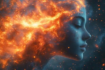 Obraz premium Creative representation of a woman’s profile with fiery elements representing passion and energy in a dark atmosphere