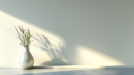 Minimalist interior with white vase and plant illuminated by sunlight.