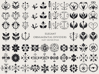 Black vintage floral design elements with leaves and butterfly silhouettes for seamless patterns