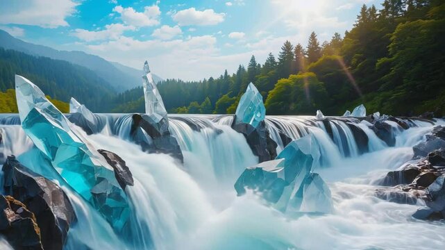 Amazing waterfall and crystal rock , forest landscape background , 4K video.