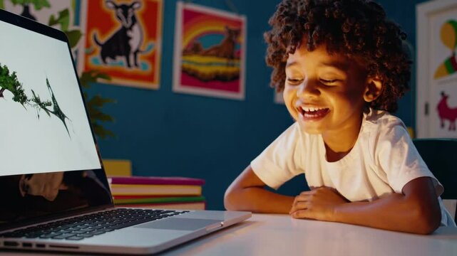 Enfant souriant devant un ordinateur dans une chambre color&eacute;e, ambiance ludique et joyeuse

