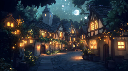 Enchanted Nighttime Village with Glowing Lights and Starry Sky