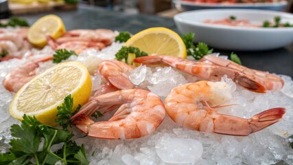 Fresh raw shrimp displayed on crushed ice with lemon wedges at a bustling seafood market close-up view for culinary enthusiasts