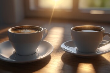 Coffee cup on cafe table in detail closeup view