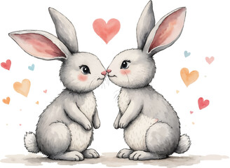 Whimsical watercolor illustration of a bunny couple surrounded by pastel hearts celebrating love and new beginnings
