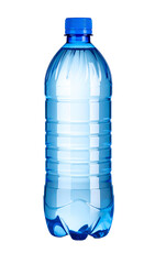Small plastic water bottle standing on white background