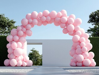 Serene gradient pink balloon arch over minimalist gravel flooring, supported by white steel rods, clear blue sky and green vertical garden softly framing the scene