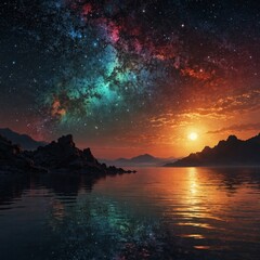 Fototapeta premium Golden light painted the evening sky with hues of orange and red as the sun dipped below the horizon, reflecting beautifully on the calm sea, ocean, and lake waters