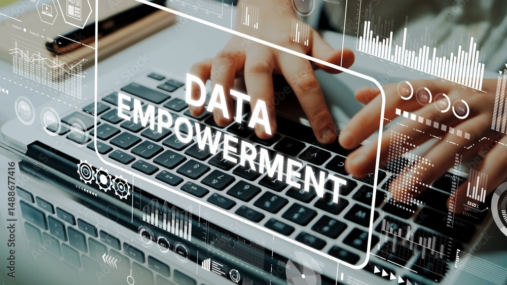 Poster hands typing on laptop keyboard with data empowerment concept and digital graphical elements in back