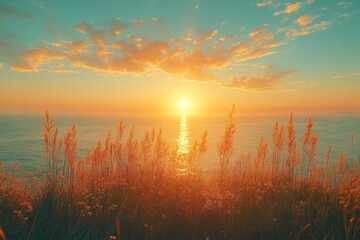 Naklejka premium Golden sunset illuminates the ocean while grass sways gently along the shore in a tranquil setting