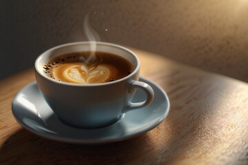 Coffee cup on cafe table in detail closeup view