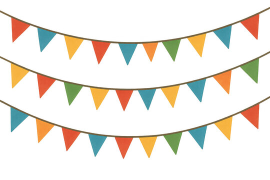 Vibrant party pennants hanging, generating celebratory mood against transparent backdrop, ideal for festive decor and special occasions