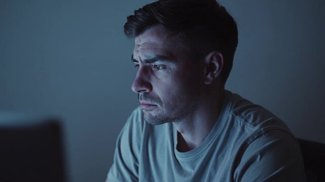 Homme pr&eacute;occup&eacute; face &agrave; un &eacute;cran dans une pi&egrave;ce sombre, ambiance nocturne et introspective


