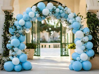 Balloon arch in periwinkle and light grey hues glowing in sunlight, simple neutral patio base, trimmed green fence and calm atmosphere