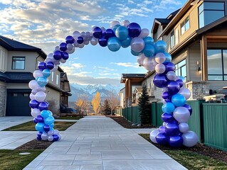 Balloon arch in periwinkle and light grey hues glowing in sunlight, simple neutral patio base, trimmed green fence and calm atmosphere