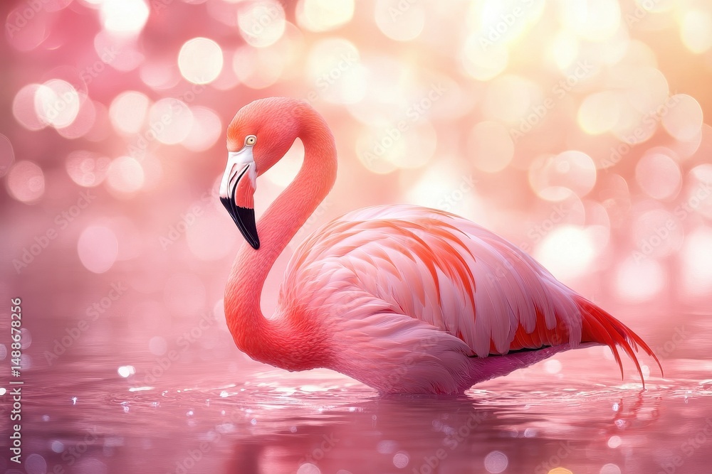 Poster elegant flamingo wading in pink water with a soft bokeh background during a serene afternoon, elegan