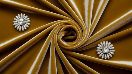 Velvet Fabric with Decorative Brooches: Luxurious Gold Textile Background with Swirl