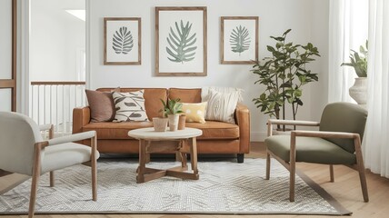 Modern Living Room Interior: Stylish Home Decor with Leather Sofa, Botanical Prints, and Neutral Colors