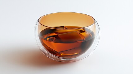 A double-walled glass cup with a rounded bottom, filled with amber liquid and two ice cubes, sits on a white surface. The cup casts a subtle shadow, and the light reflects off the glass