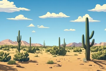 Cartoon desert landscape featuring cacti and mountains under a clear blue sky during daytime, desert landscape with cactus cartoon Photo