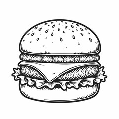 Vector illustration of a cartoon hamburger with cheese and meat, a fast food snack or lunch meal icon