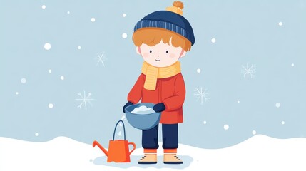 Winter Fun: Child Collecting Snow in a Bowl