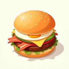 A juicy grilled hamburger with cheese, lettuce, tomato, and onion on a sesame bun, served with fries on a white background